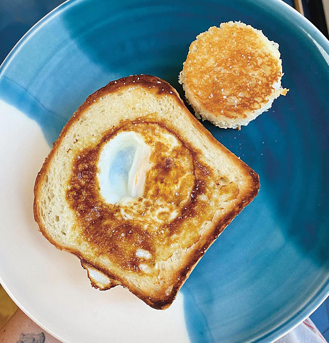 Egg in a Hole with Crispy Prosciutto and Broccoli Pesto, by Nick Roberts and Brooke Williamson.