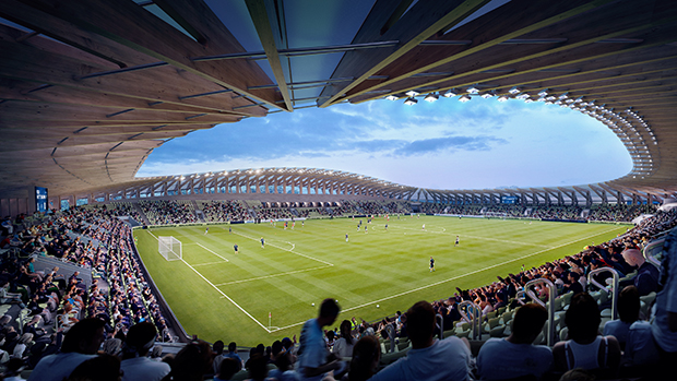 Forest Green Rovers' Eco Park Stadium by Zaha Hadid Architects. Render by VA