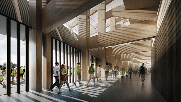 Forest Green Rovers' Eco Park Stadium by Zaha Hadid Architects. Render by VA