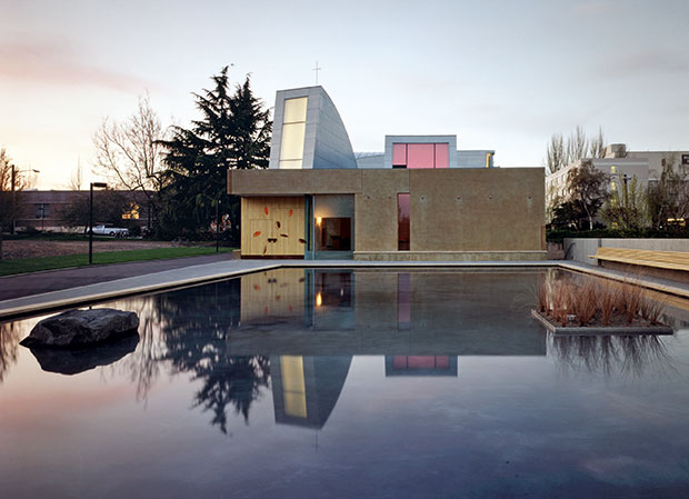 Chapel of St. Ignatius, Seattle, Washington, USA, 1994-1997; view from reflecting pond, 1997. Photo credit: © Paul Warchol