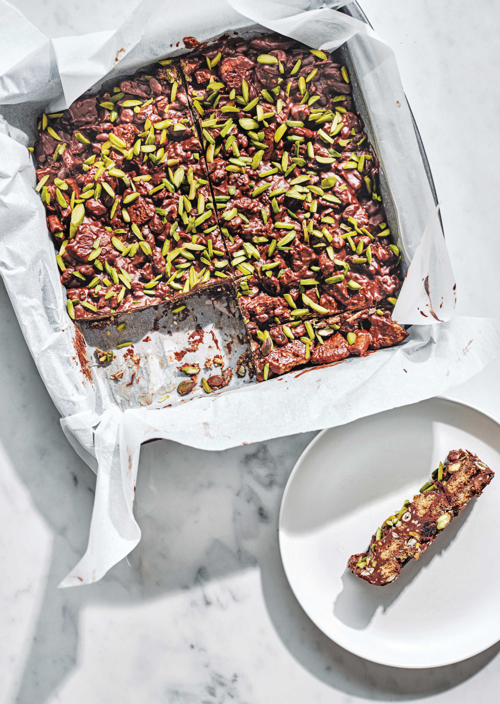 Pistachio and tahini chocolate fridge cake.