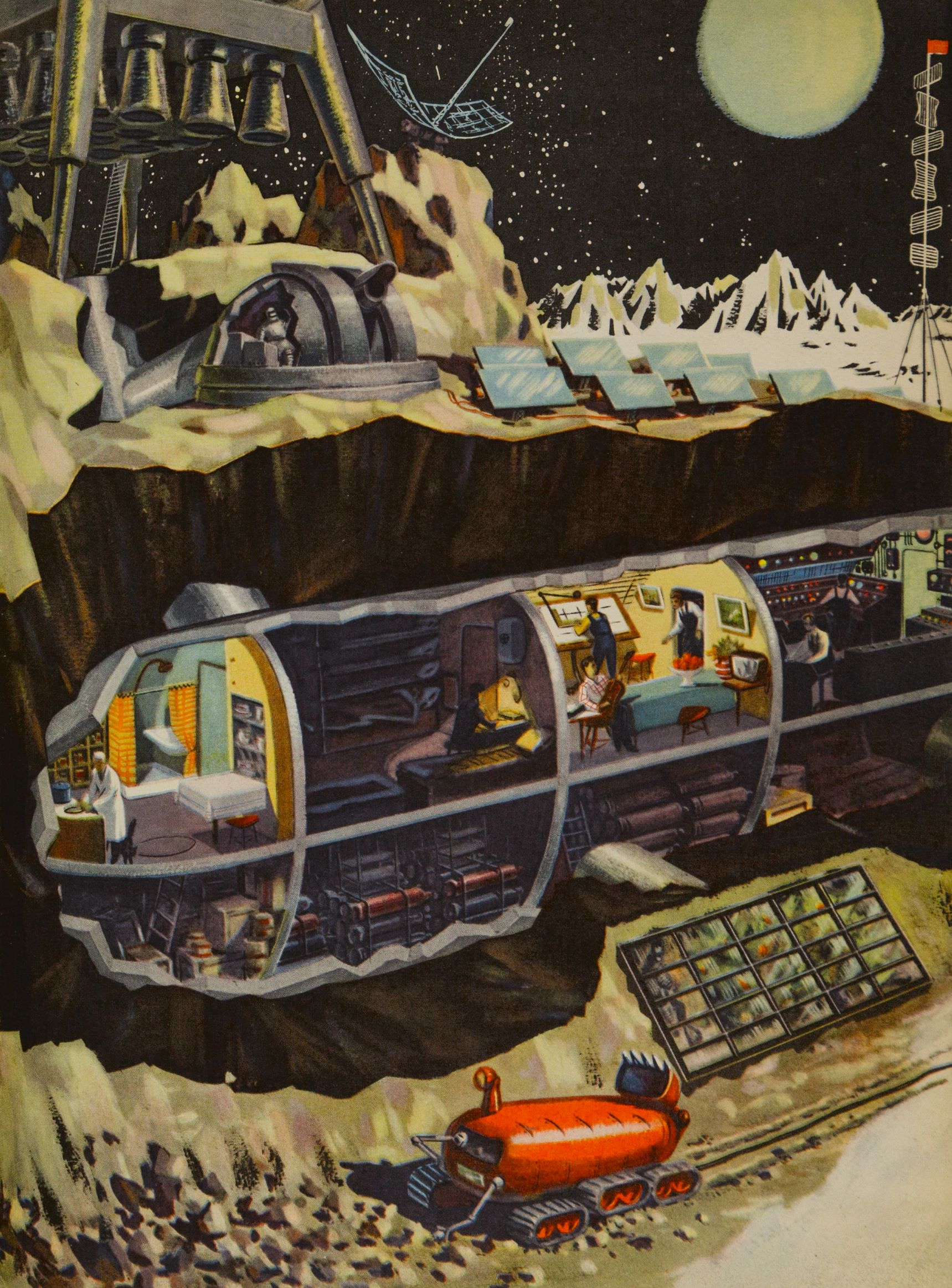 Technology for the Youth, issue 2, 1959, illustration by B. Dashkov for the article ‘What Would a Space Station on the Moon Look Like?’ Image courtesy of  The Moscow Design Museum, from Soviet Space Graphics