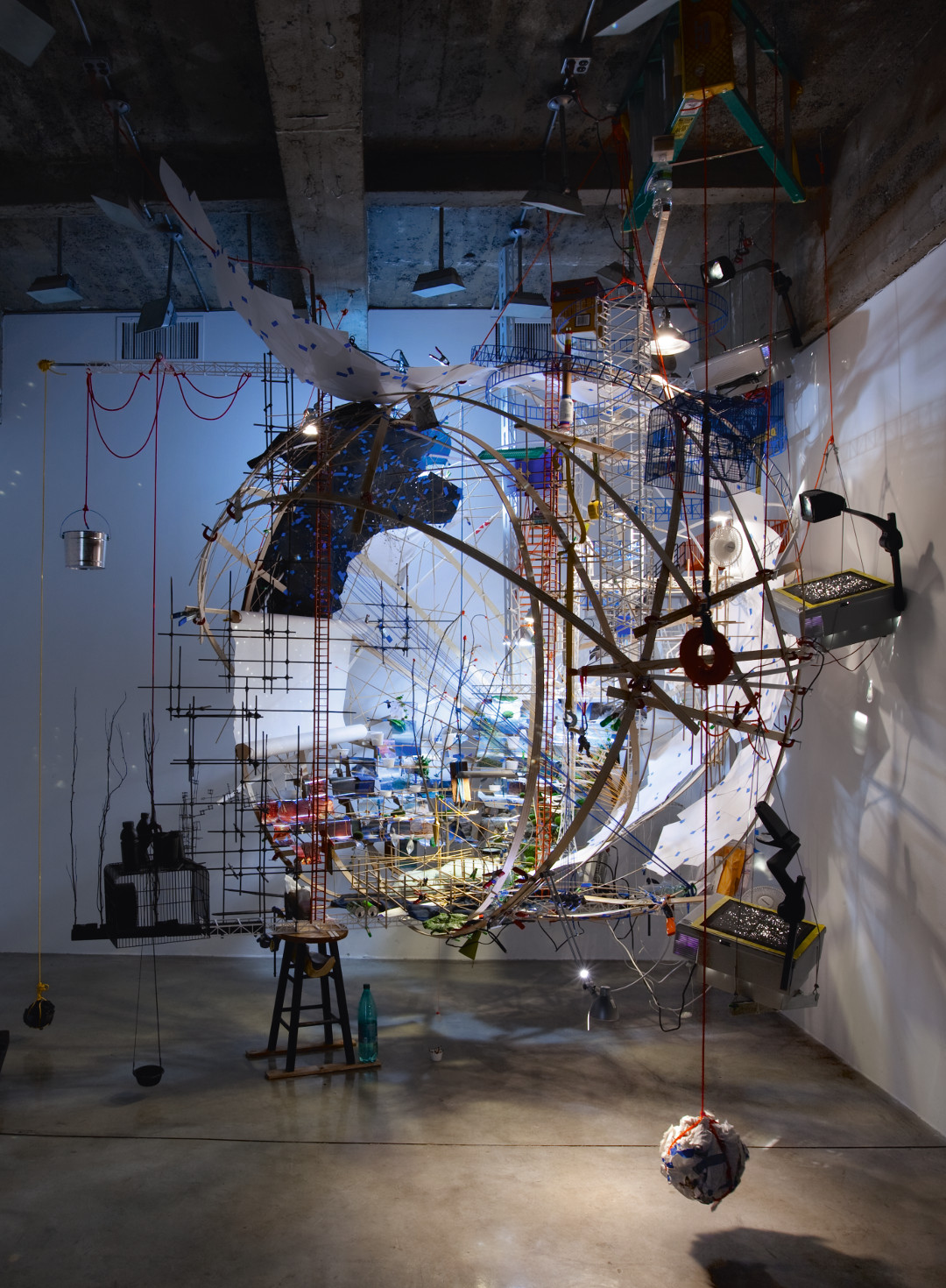 360 (Portable Planetarium), 2010. Wood, paper, string, jeans, rocks. 411 x 345 x 470 cm. Installation view at Tanya Bonakdar Gallery, New York, 2010. © Sarah Sze