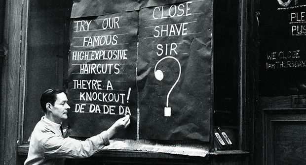 Wally’s barber shop after the London Blitz, 1940. As reproduced in The Barber Book. © Getty Images / Hulton Archive / Fox Photos