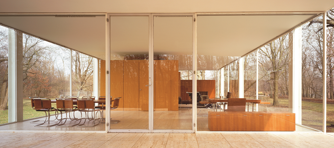 Mies van der Rohe, Farnsworth House, Plano, Illinois, 1945–51; view from porch looking into living area, from Mies. Jon Miller / Hedrich Blessing © Arcaid2013 