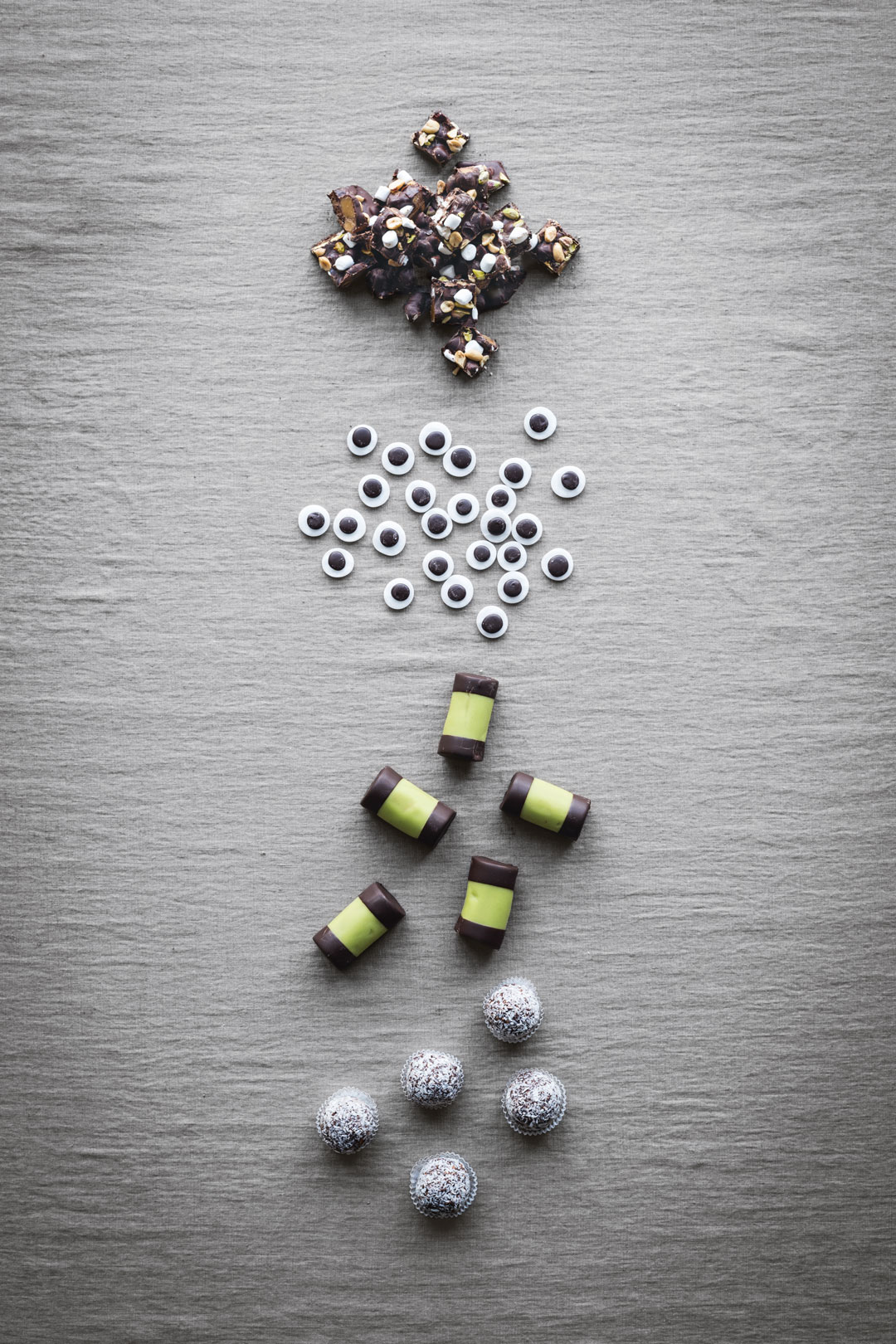 From top: Leila’s Rocky Road; Peppermint and Chocolate Pastilles; Chocolate Cookie Crumb Rolls Flavoured with Punsch; Chocolate Oatmeal Balls. As featured in The Nordic Baking Book.