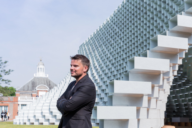 Architect Bjarke Ingels in front of the Serpentine Pavilion 2016 designed by Bjarke Ingels Group (BIG); (10 June – 9 October); Photo © Iwan Baan