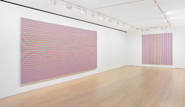 Installation view of Bridget Riley The Stripe Paintings 1961-2014, at David Zwirner, London