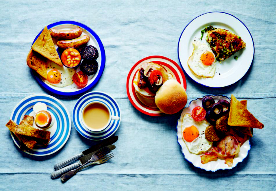 Clockwise from top left: Full English; breakfast roll; laverbread and cockles; full English variation; pour-over coffee; egg and soldiers; from the English breakfast pages of Breakfast: The Cookbook