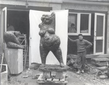 Caro with Woman in Pregnancy and Man Holding His Foot in the garden at his home in Hampstead, 1955 as featured in our book Caro