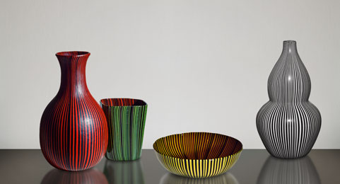 Rigati e tessuti glass pieces designed by Carlo Scarpa for Venini, ca. 1938–1940. Private collection; Private collection; Chiara and Francesco Carraro Collection, Venice; European Collection