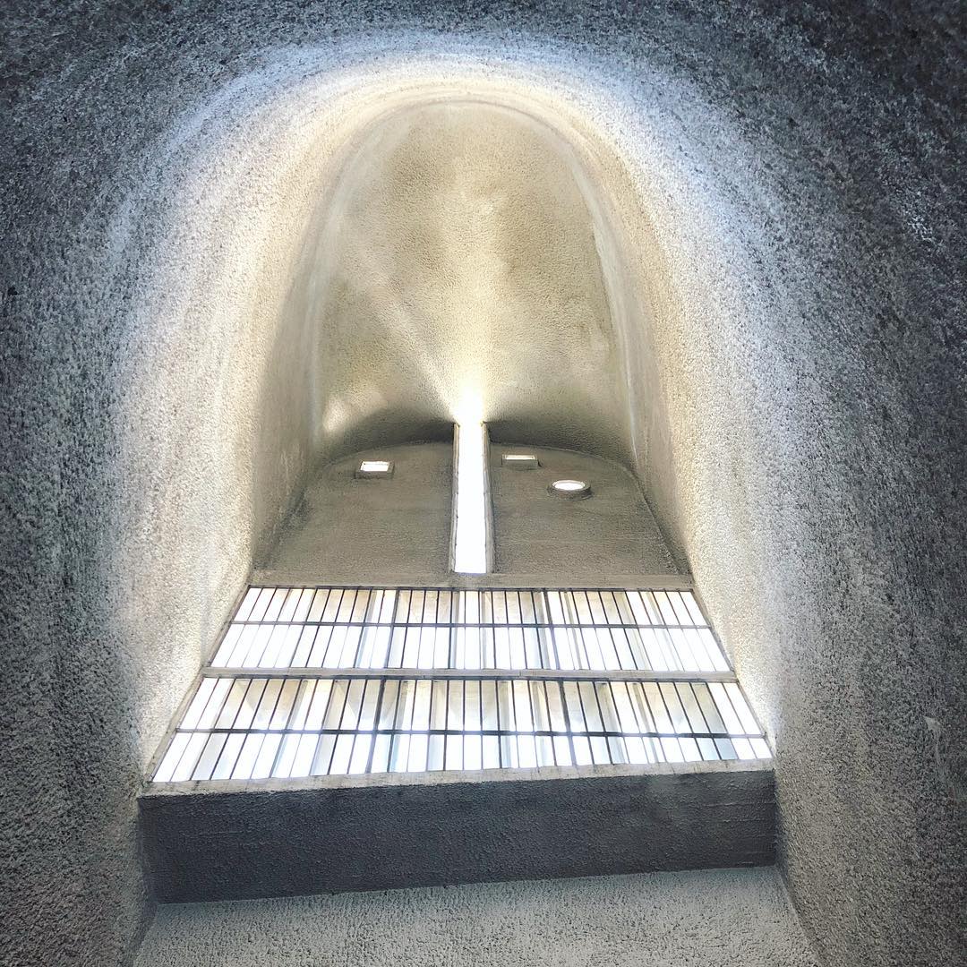 Looking up into the tower at Chapelle Notre Dame du Haut, Ronchamp, France. Photo by Barber Osgerby. Image courtesy of their Instagram