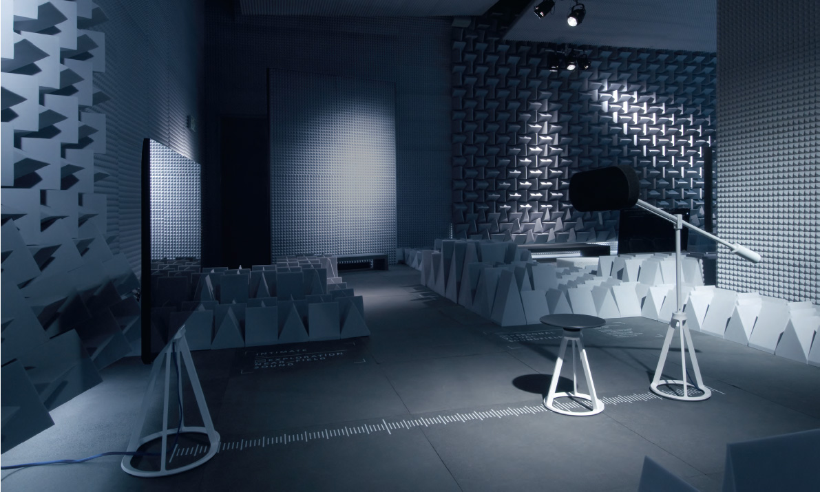 Near-field speaker with stool and prototype television in an anechoic chamber, Sony exhibition, Salone del Mobile, Milan, Italy, 2010. All images from our new book Barber Osgerby, Projects