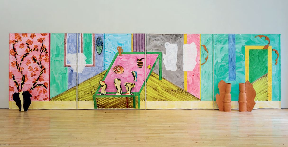 Betty Woodman, The Summer House, 2015 Glazed earthenware, epoxy resin, lacquer, acrylic paint, canvas, wood. Courtesy   the artist, Isabella Bortolozzi Galerie, Berlin, Galerie Francesca Pia, Zurich,   David, Kordansky gallery, Los Angeles, Salon 94, New York / Photo: Mark Blower