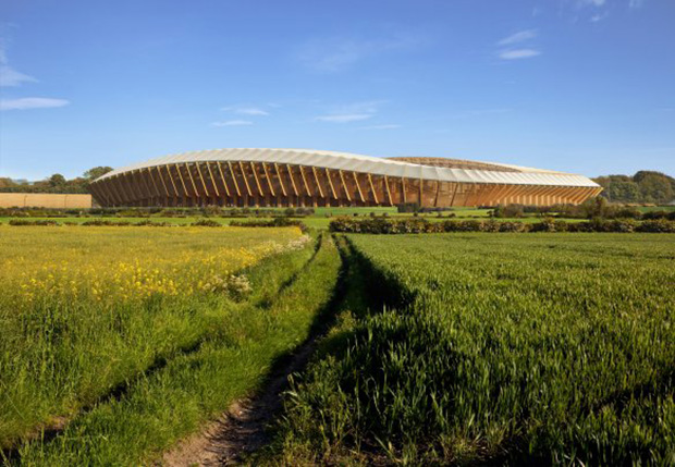 Forest Green Rovers' Eco Park Stadium by Zaha Hadid Architects. Render by VA